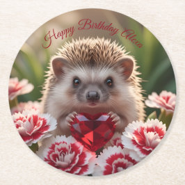 Cute January Hedgehog with Garnet Heart Runder Pappuntersetzer