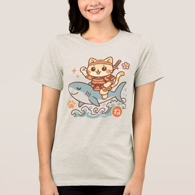  Cute Japanese Kawaii Samurai Cat Riding Shark Tri-Blend Shirt (Vorderseite)