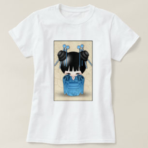 Cute Japanese Kokeshi Doll Dressed in Blue T-Shirt