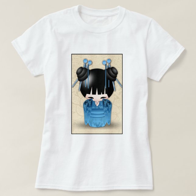 Cute Japanese Kokeshi Doll Dressed in Blue T-Shirt (Design vorne)