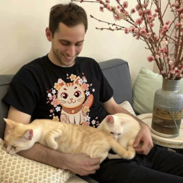 Cute Japanese Neko Cat with Cherry Blossoms T-Shirt