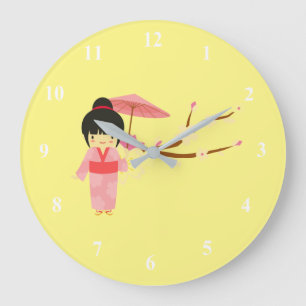 Cute Japanese pink Cherry Blossom Geisha Große Wanduhr