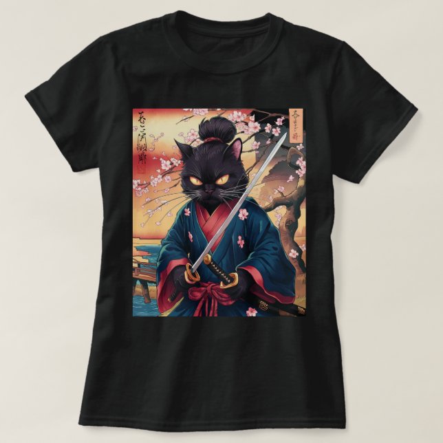 Cute Japanese Samurai Cat  T-Shirt (Design vorne)