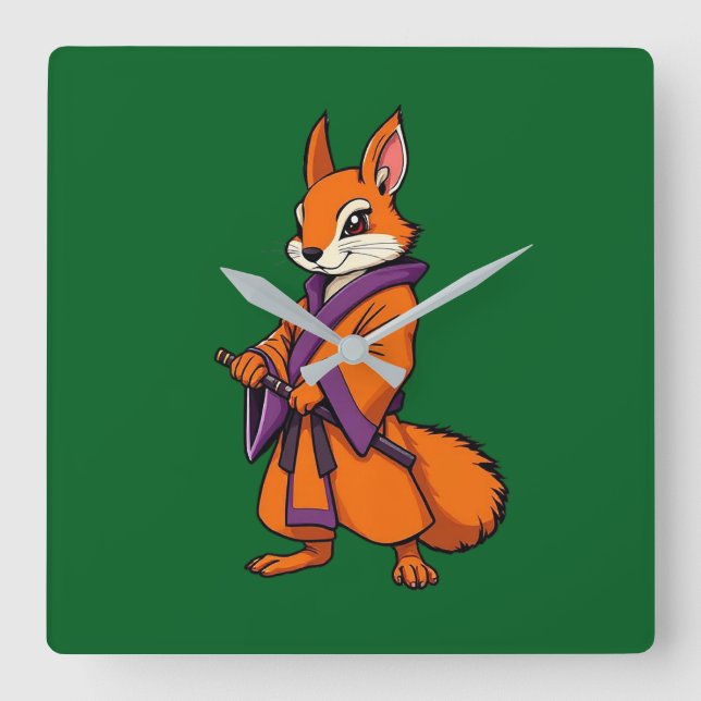 Cute Japanese Samurai Squirrel Quadratische Wanduhr (Vorderseite)