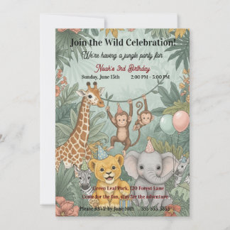 Cute Jungle Safari Animals Wild One 3rd Birthday  Einladung