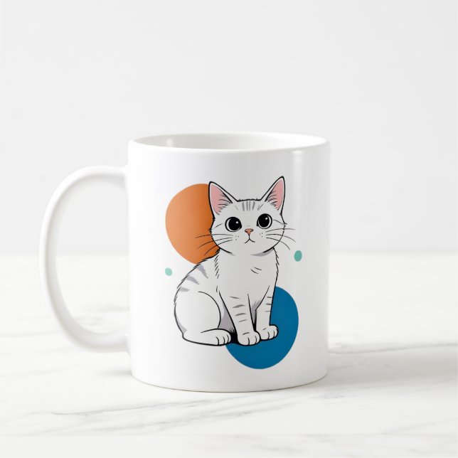 Cute Kawai White Grey Tabby Cat Illustration Kaffeetasse (Links)