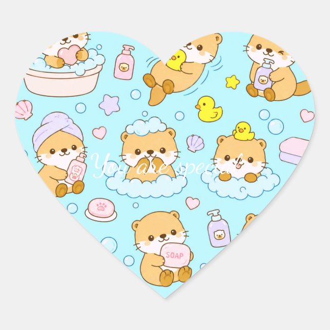 Cute Kawaii Animal Bath Time Pattern | Blue Pastel Herz-Aufkleber (Vorderseite)