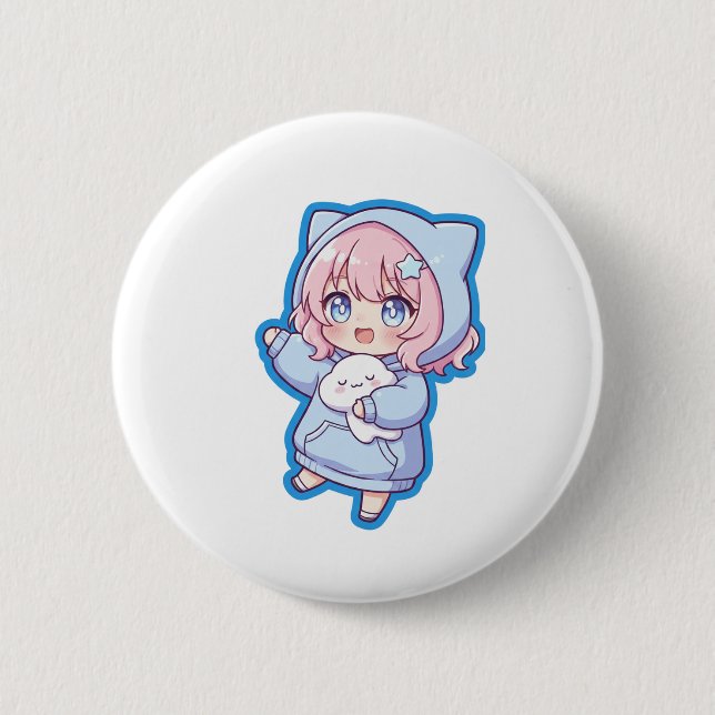 Cute Kawaii Anime Girl Sticker Button (Vorderseite)