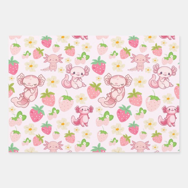 Cute Kawaii Axolotl & Strawberry Seamless Pattern Geschenkpapier Set (Vorderseite)