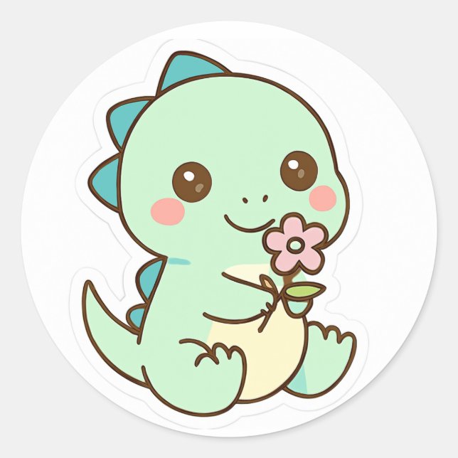 Cute Kawaii Baby Dinosaur with Flower Sticker (Vorderseite)