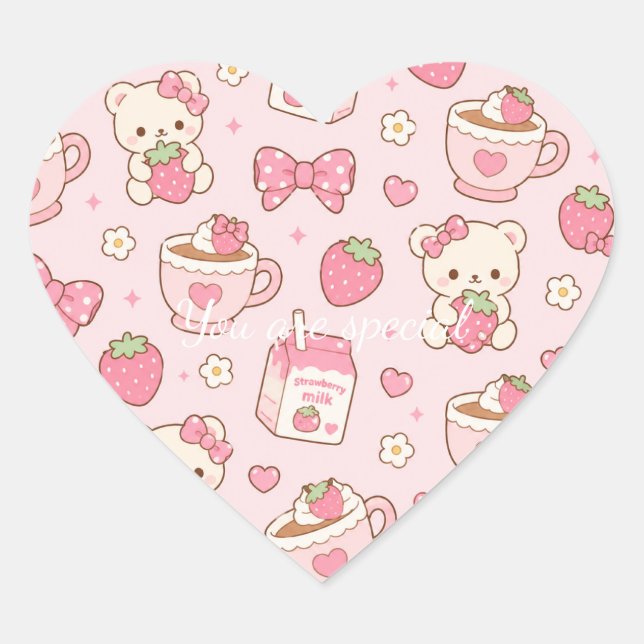 Cute Kawaii Bear Strawberry Tea Pattern | Pink  Herz-Aufkleber (Vorderseite)