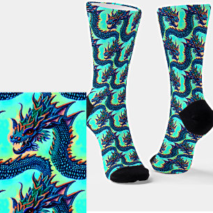 Cute Kawaii Blue Baby Dragon on Aqua Socken