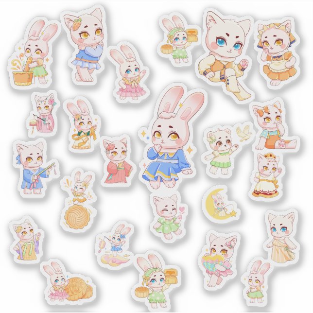 Cute Kawaii Bunny and Cat Stickers Aufkleber (Vorderseite)