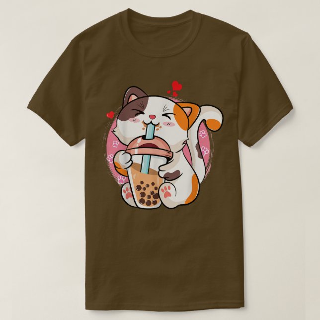 Cute Kawaii Cat Boba Bubble Milk Tea Anime Neko Ki T-Shirt (Design vorne)