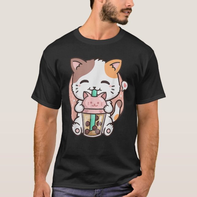 Cute Kawaii Cat Boba Bubble Milk Tea Anime Neko Ki T-Shirt (Vorderseite)