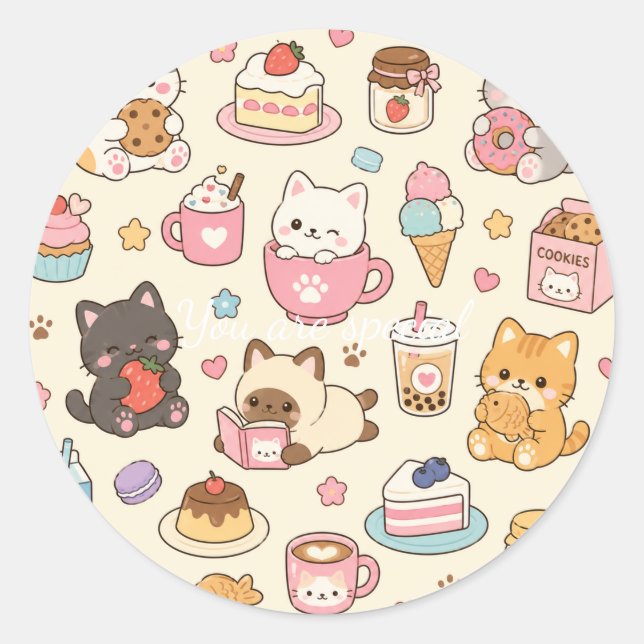 Cute Kawaii Cat Café Pattern | Coffee and Dessert  Runder Aufkleber (Vorderseite)