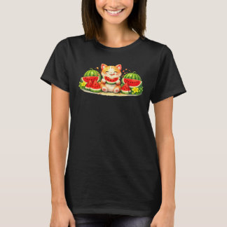 Cute Kawaii Cat Eating Watermelon Illustration T-Shirt
