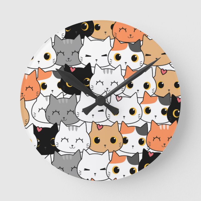 Cute Kawaii Cat Faces Pattern  Runde Wanduhr (Vorderseite)