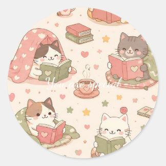 Cute Kawaii Cat Heart Book Pattern Runder Aufkleber