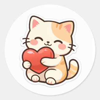 Cute Kawaii Cat Holding Heart – Adorable Love  Runder Aufkleber