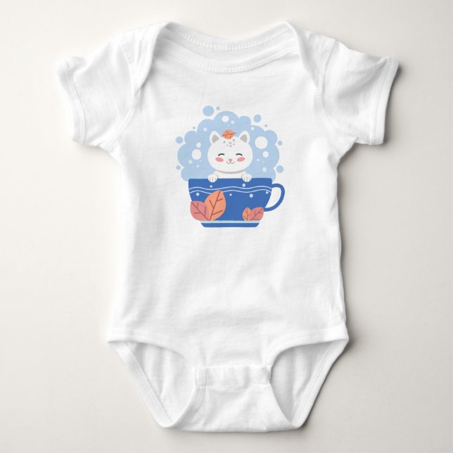 Cute Kawaii Cat in a Blue Teacup Baby Bodysuit Strampler (Vorderseite)