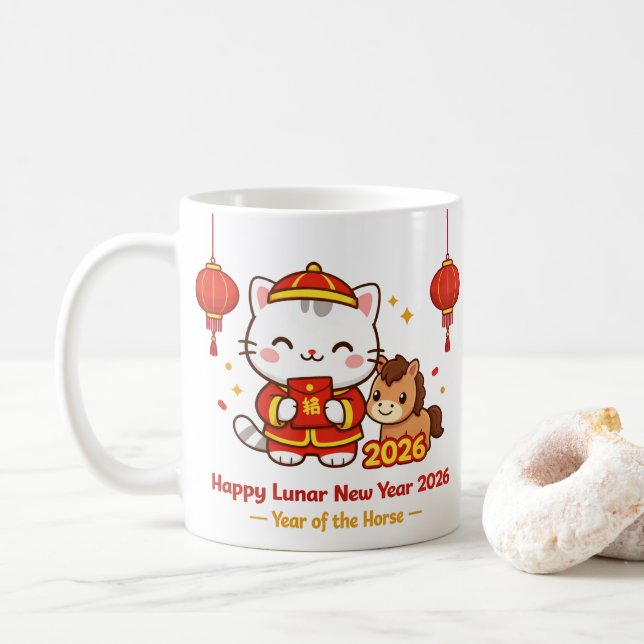 Cute Kawaii Cat Lunar New Year 2026 Mug Kaffeetasse (Mit Donut)