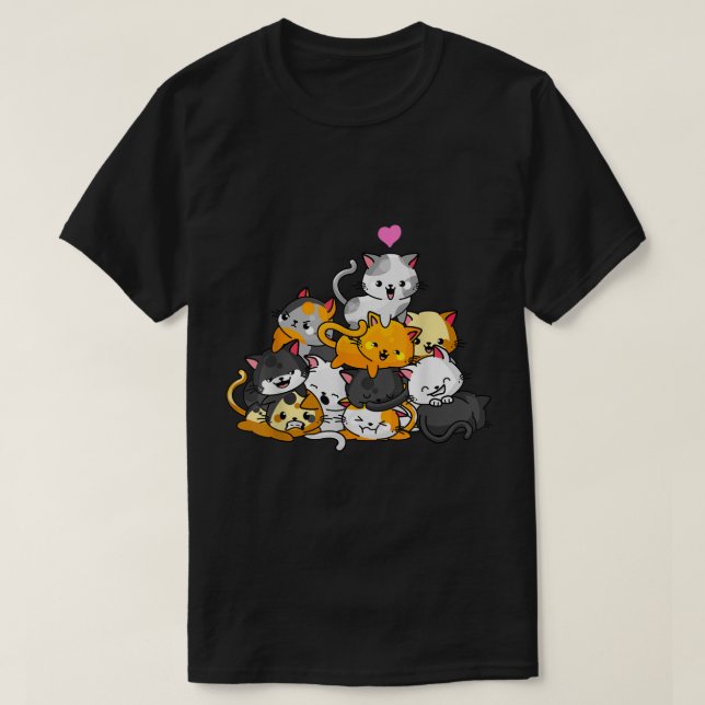 Cute Kawaii Cat Pile Cartoon Design T-Shirt (Design vorne)