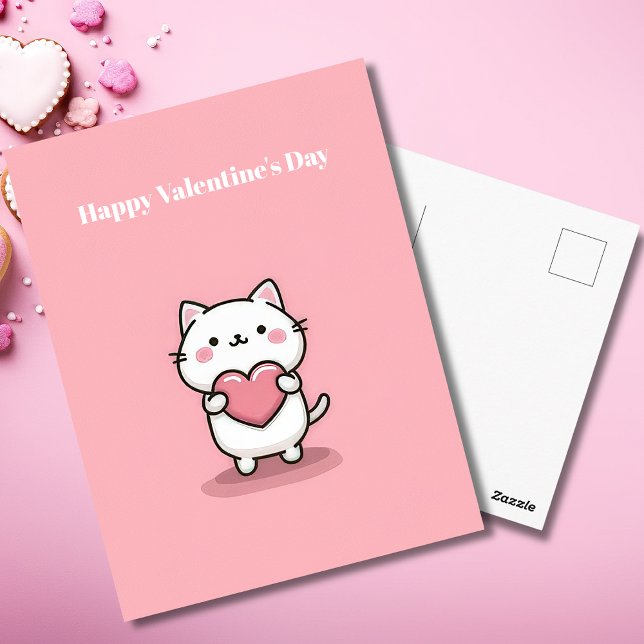 Cute Kawaii Cat with Heart Valentine`s Day Card  Postkarte (Von Creator hochgeladen)