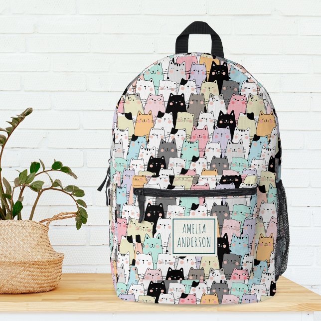 Cute Kawaii Cats Pattern Personalize Name Bedruckter Rucksack (Von Creator hochgeladen)
