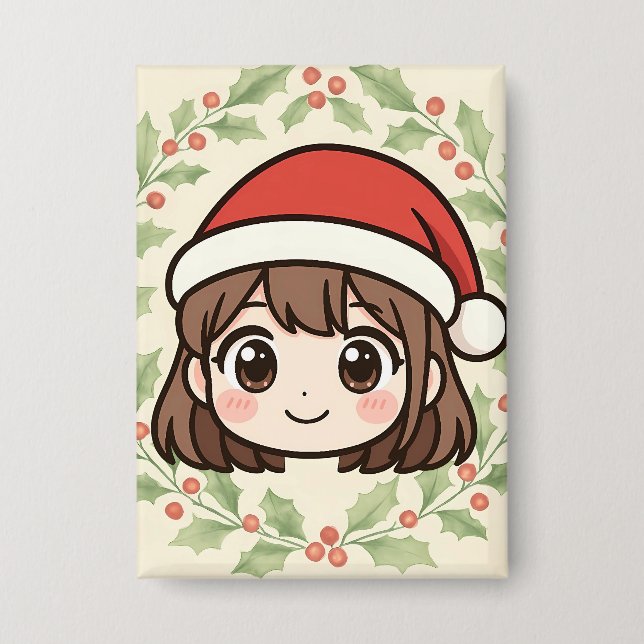 Cute Kawaii Christmas Anime Girl Button  (Vorderseite)
