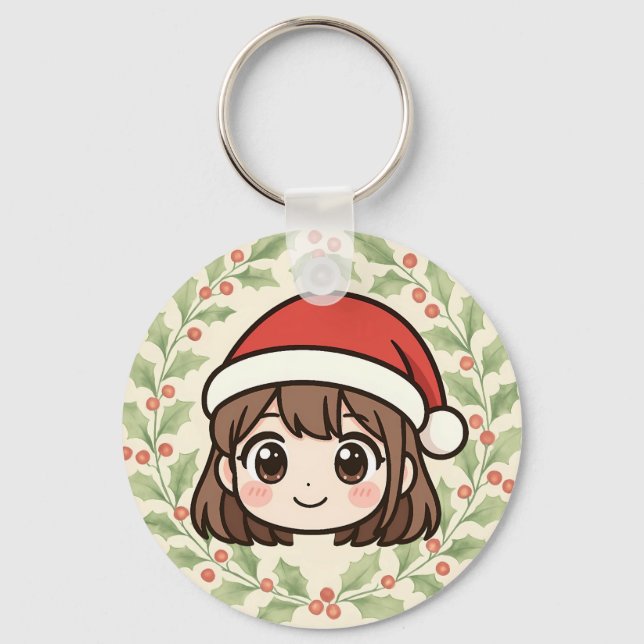 Cute Kawaii Christmas Anime Girl Keychain Schlüsselanhänger (Vorderseite)