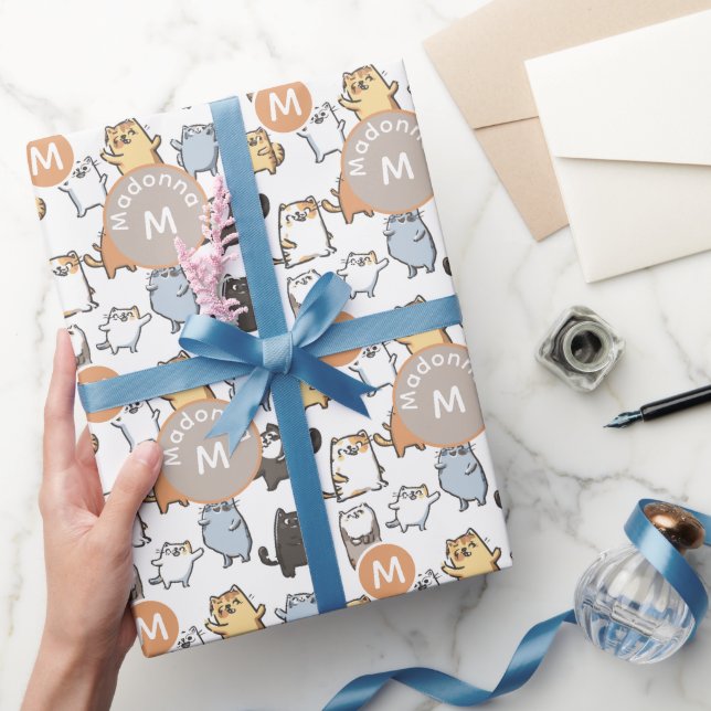 Cute Kawaii Chubby Cartoon Cat Seamless Pattern Ar Geschenkpapier (Schenken)