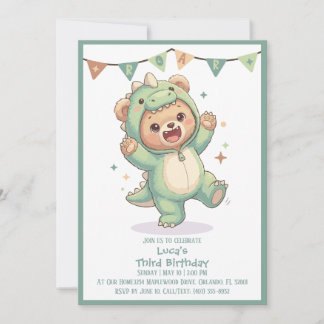 Cute Kawaii Dino Bear Party | 3rd Birthday Einladung