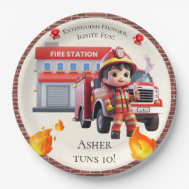 Cute Kawaii Firefighter Boy and Fire Truck Pappteller