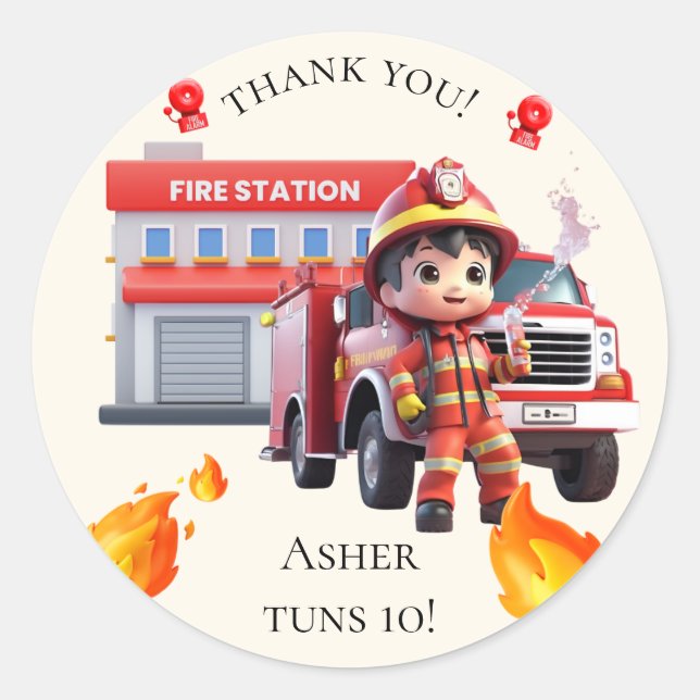 Cute Kawaii Firefighter Boy Fire Truck Thank You Runder Aufkleber (Vorderseite)