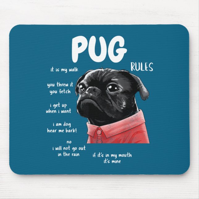 Cute Kawaii Funny Black Pug Dog Rules Men Women Ki Mousepad (Vorne)