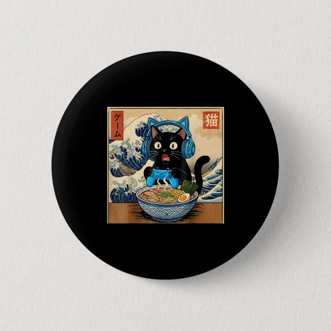 Cute Kawaii Gamer Cat Funny Ramen Japanese Cat Gam Button (Vorderseite)