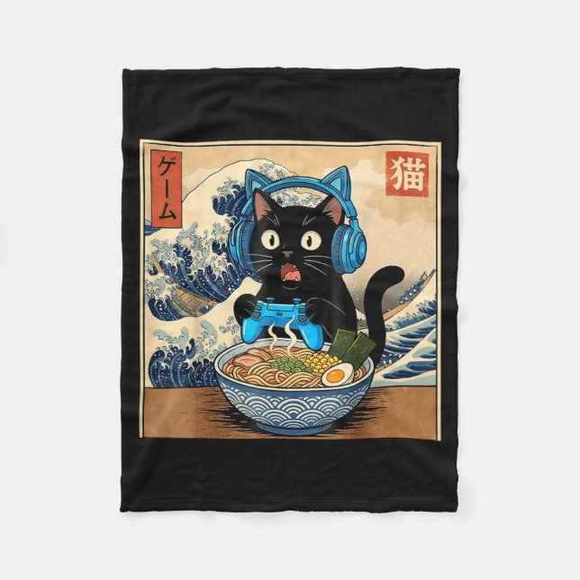 Cute Kawaii Gamer Cat Funny Ramen Japanese Cat Gam Fleecedecke (Vorderseite)