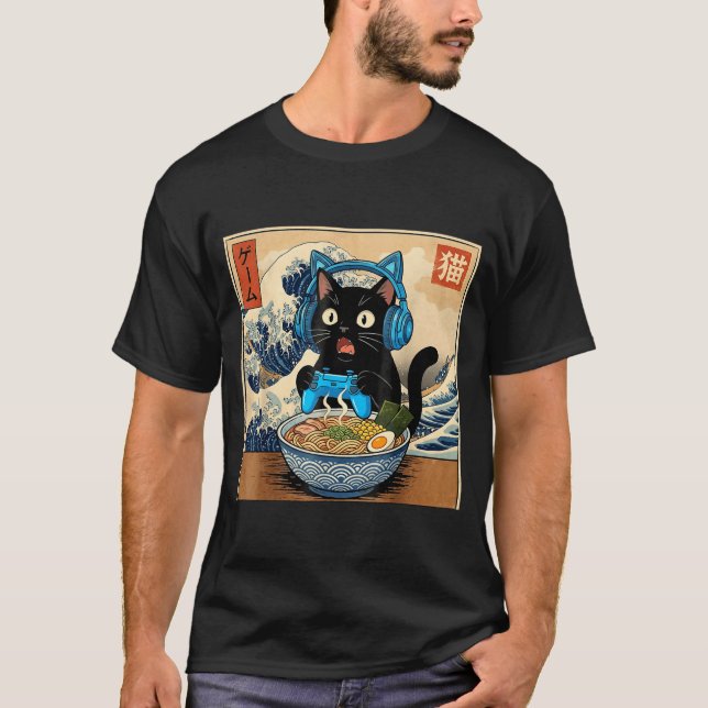 Cute Kawaii Gamer Cat Funny Ramen Japanese Cat Gam T-Shirt (Vorderseite)