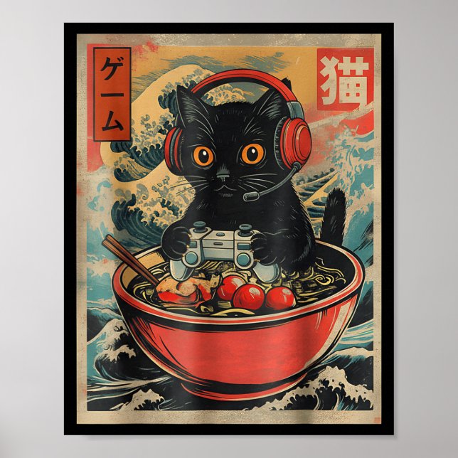 Cute Kawaii Gamer Cat Funny Ramen Retro Japanese C Poster (Vorne)