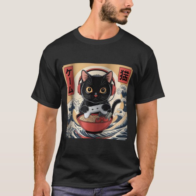 Cute Kawaii Gamer Cat Funny Ramen Retro Japanese C T-Shirt (Vorderseite)
