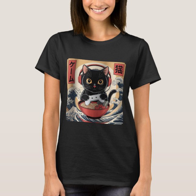 Cute Kawaii Gamer Cat Funny Ramen Retro Japanese C T-Shirt (Vorderseite)