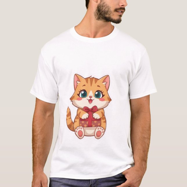 Cute Kawaii Ginger Cat Holding Red Gift Box  ✨🎁 T-Shirt (Vorderseite)