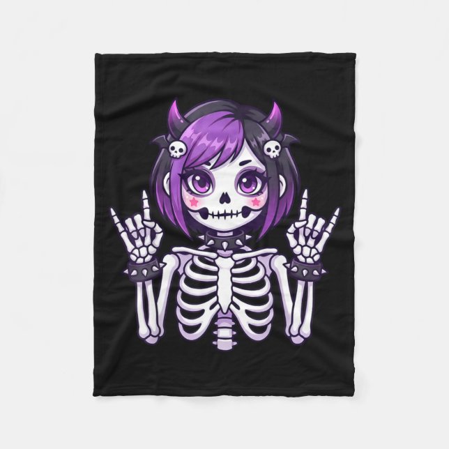 Cute Kawaii Goth Girl Skeleton Punk-goth Alternati Fleecedecke (Vorderseite)