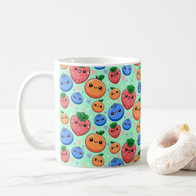 Cute Kawaii Green Orange Blue Fruit Kaffeetasse (Mit Donut)