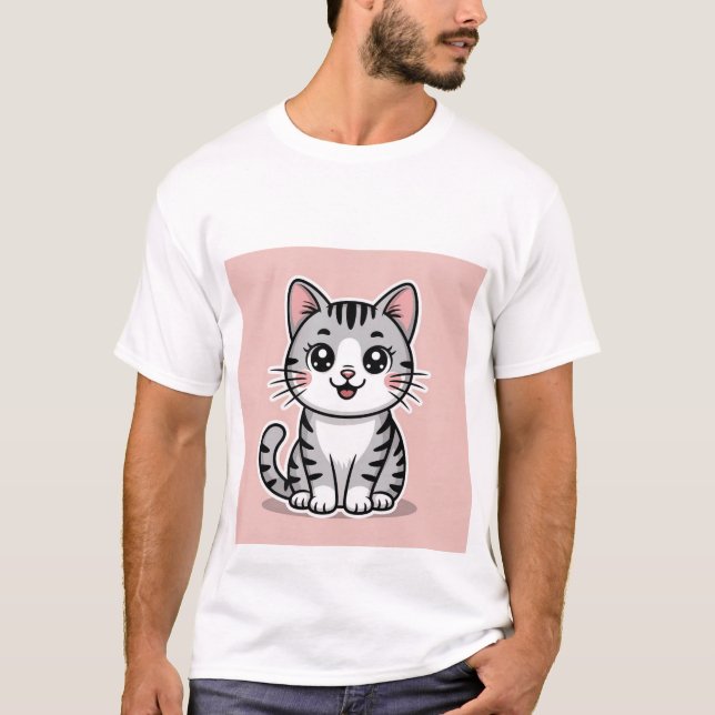 Cute Kawaii Grey Tabby Cat Smiling - Happy Kitten  T-Shirt (Vorderseite)