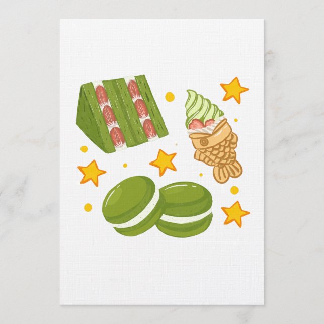 Cute Kawaii Hand-Drawn Matcha Sweets Einladung (Vorderseite)