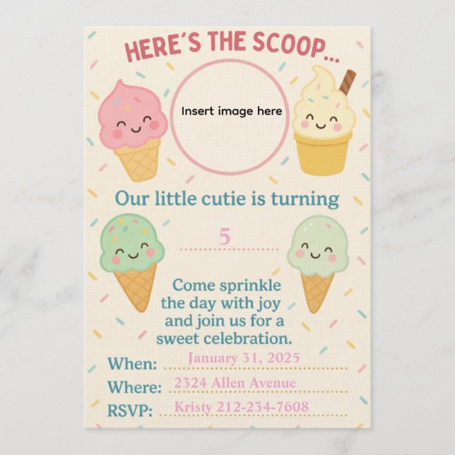 Cute Kawaii Ice Cream Party Invitation Einladung (Vorderseite)