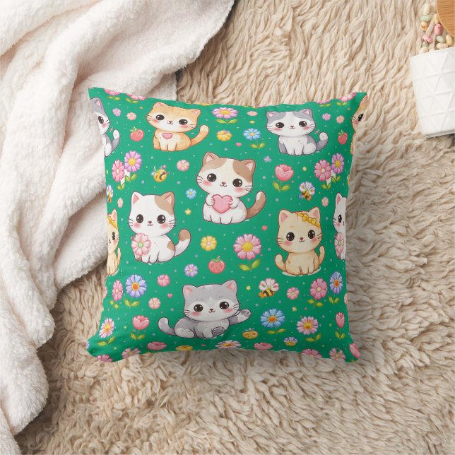 Cute Kawaii Kittens and Pastel Flowers Kissen (Decke)