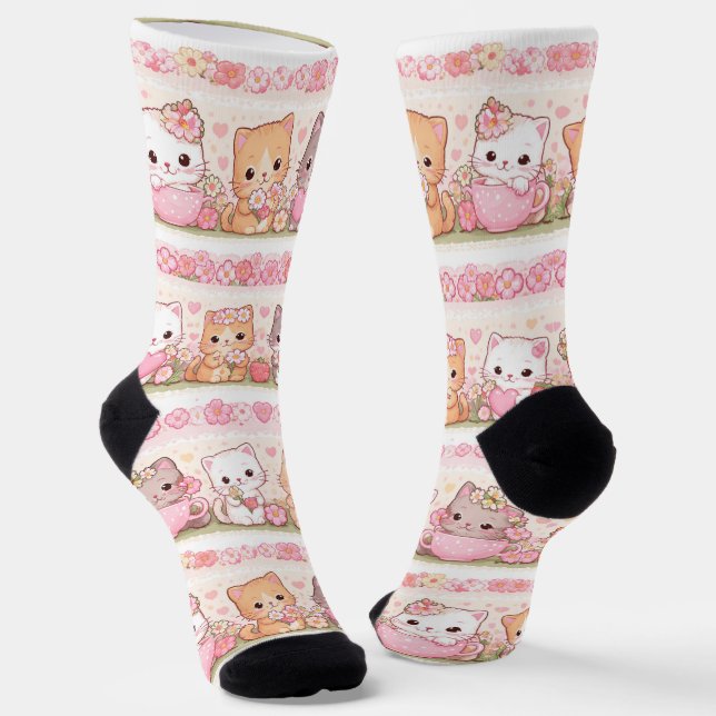 Cute Kawaii Kittens Pastel Floral Socken (Gewinkelt)